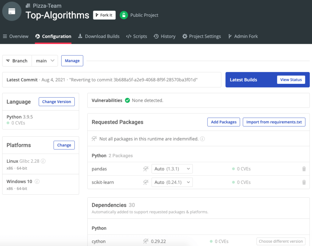 Top Algorithms Configuration